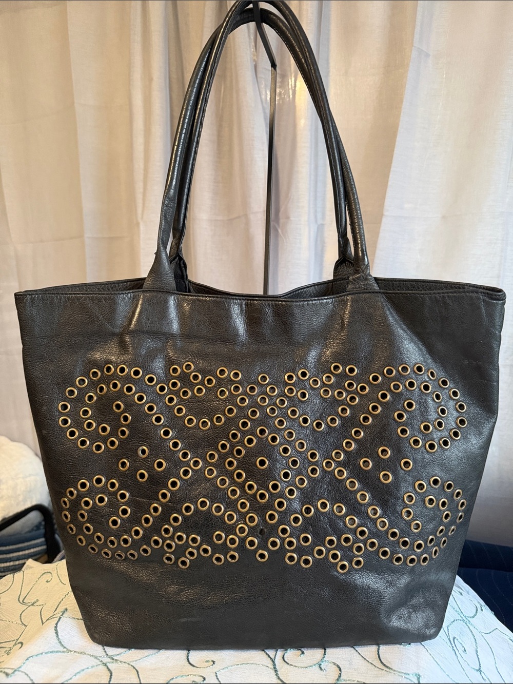 Bergè Italian Black Leather Tote with Brass Eyelet Pattern